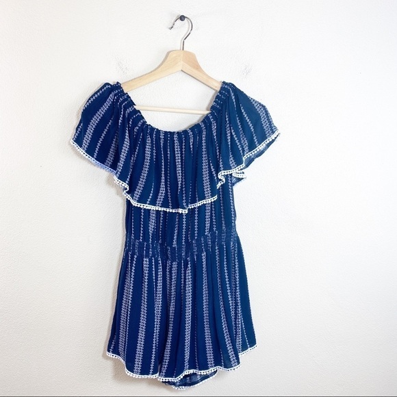 Lulus Off the Shoulder Romper Blue Embroidered Size Large - Picture 2 of 8